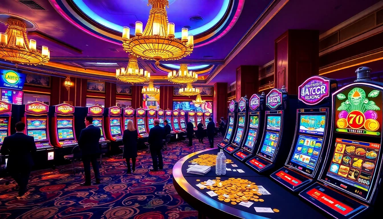 Players winning on vibrant slot gacor machines in an elegant casino setting.