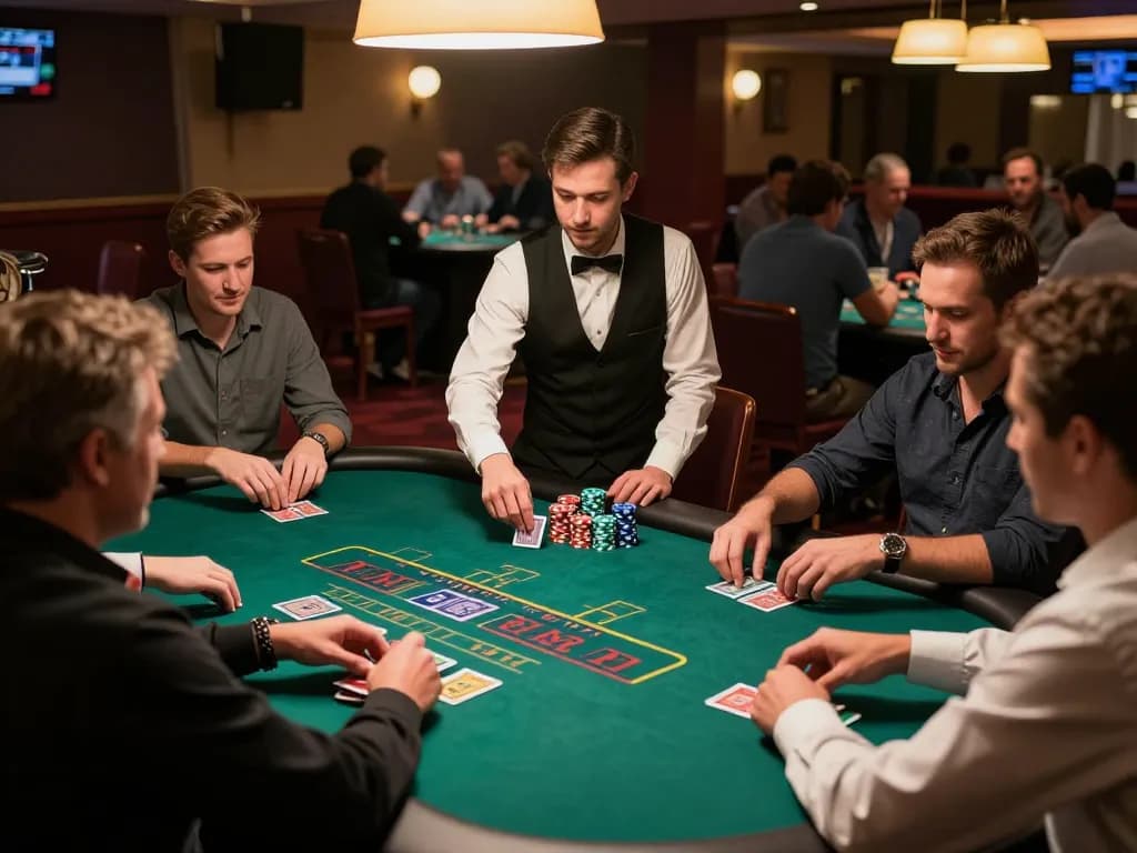 Pemain Pakibanks terlibat secara intens dalam permainan blackjack di meja kasino yang semarak dengan kartu dan chip