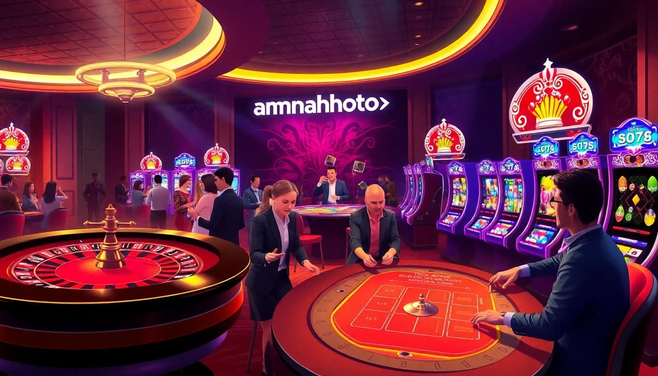 Gamblers enjoying an exciting online experience at amanahtoto, featuring slots and poker tables.