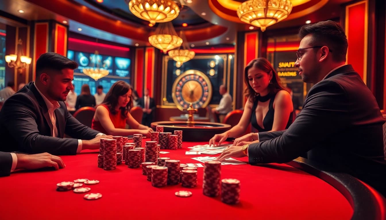 SBOBET players enjoying a thrilling poker game at a luxurious casino table.
