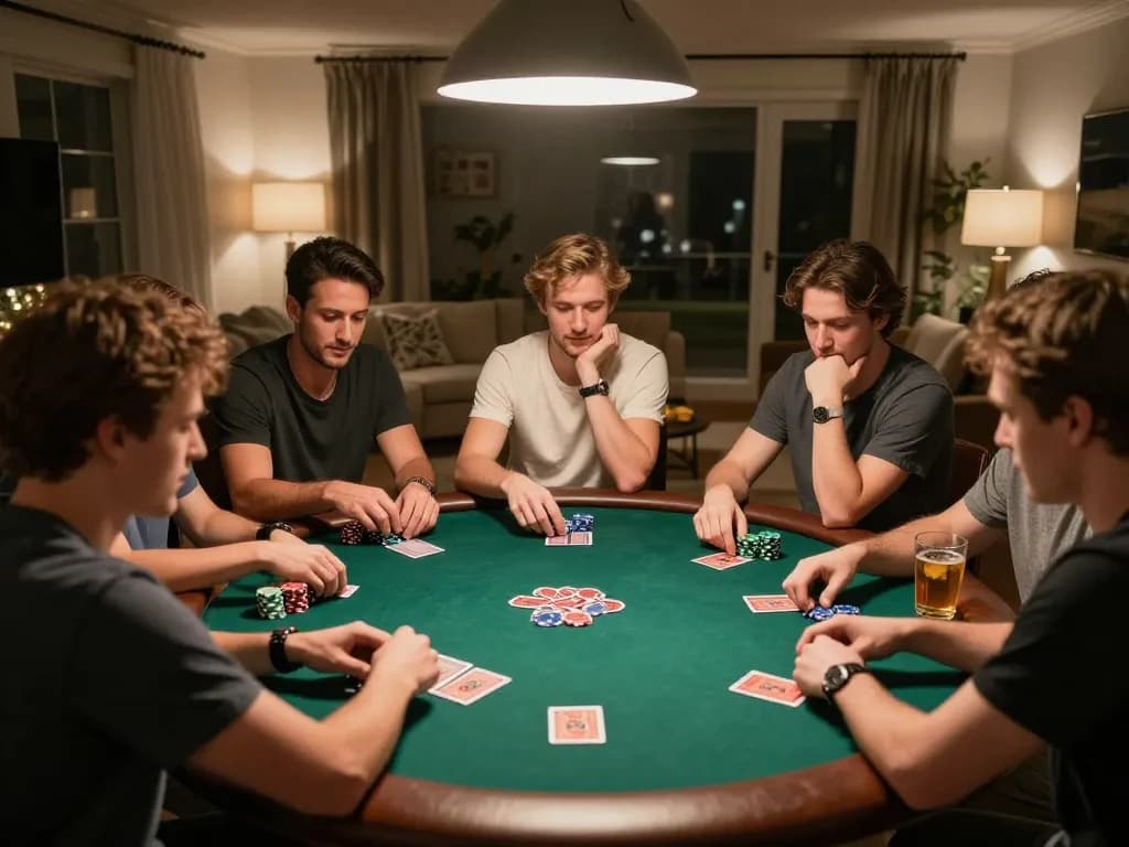 Friends enjoying a poker night at home, focusing on gameplay with rr88 strategies in mind.
