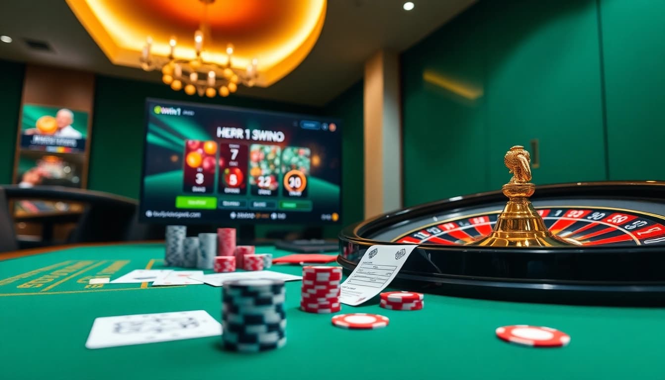 Players engage with thrilling games at https://13win1.cn.com/, featuring poker chips and a vibrant casino table.