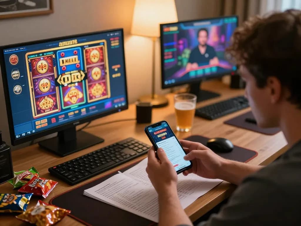 Pemain yang terlibat menggunakan aplikasi aman788 di smartphone untuk bermain kasino online di rumah