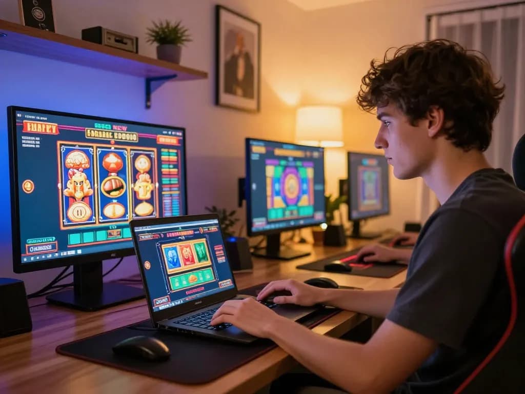 Engaged user playing at nhà cái 888NEW online casino setup with vibrant interface.