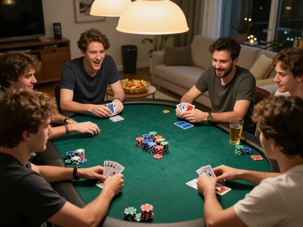 Players enjoying a thrilling game of online poker at home, showcasing hm88 camaraderie and strategic bets.