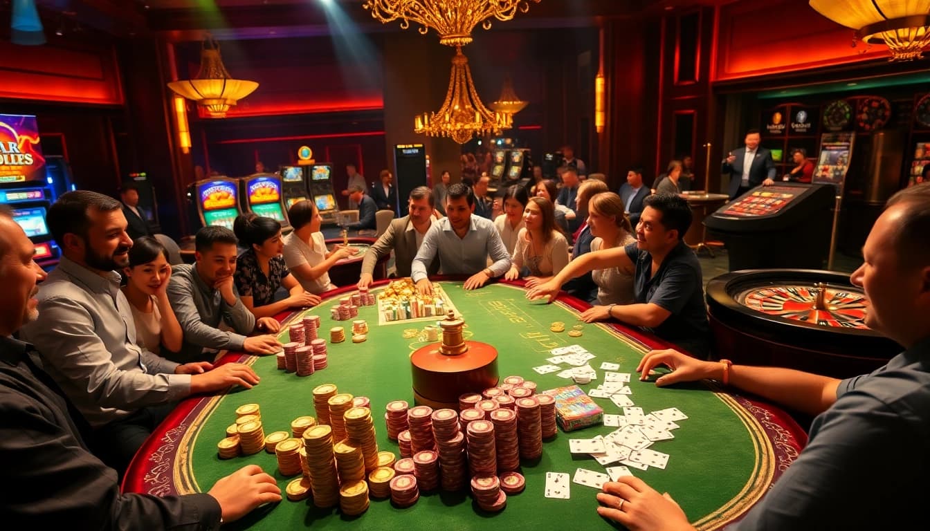 Engaged players at a j88-themed casino table, showcasing excitement in a luxurious gambling environment.