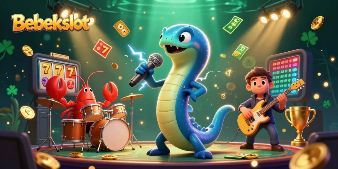 Bebekslot features an electric eel DJ and a lively band on a vibrant underwater casino stage.