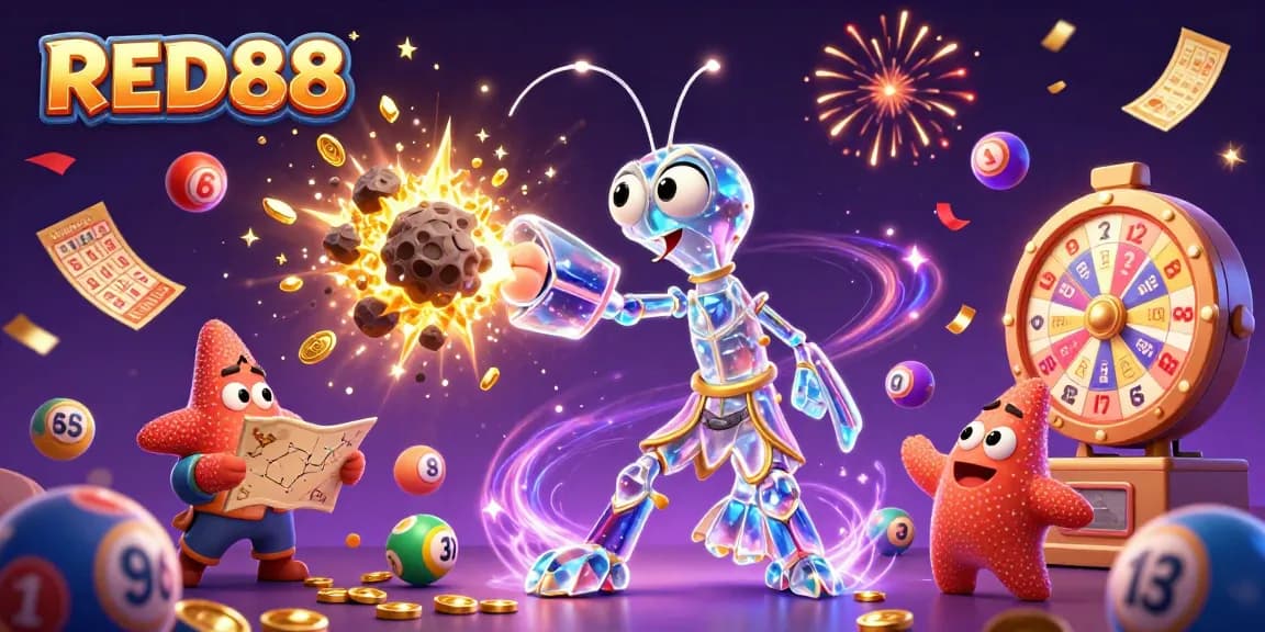Engaging RED88 casino scene with a galactic mantis shrimp and starfish amidst dynamic lottery elements.