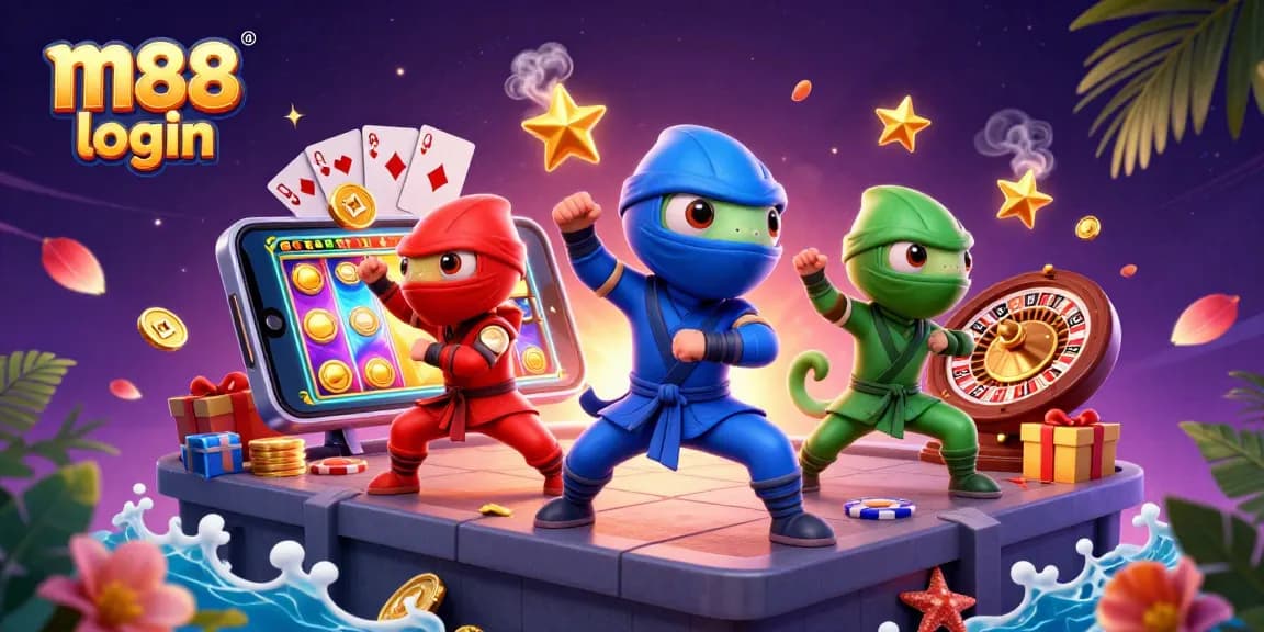 Experience the thrill of gaming with m88 login, showcasing a team of ninja chameleons amidst slot games and casino elements.