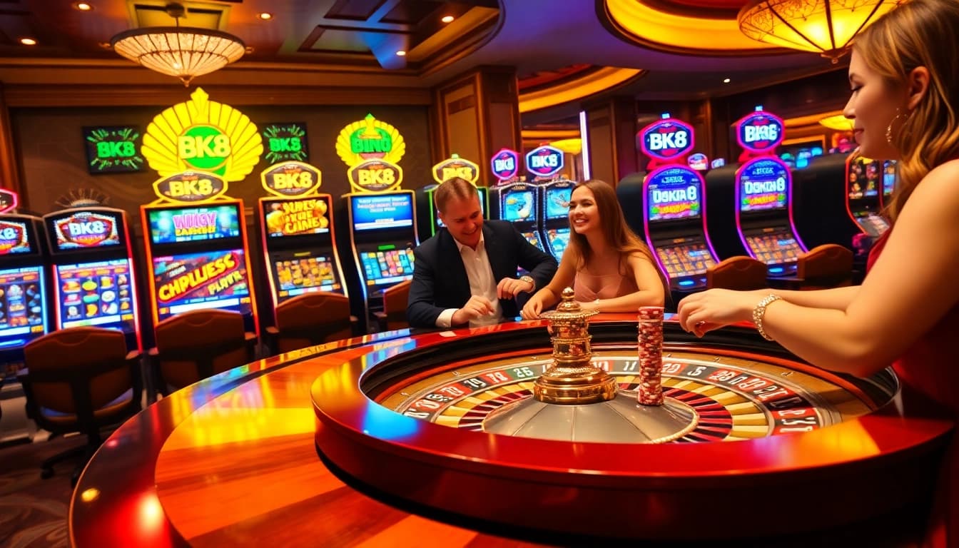 Experience the thrill of winning at BK8's vibrant casino scene with players at a roulette table.