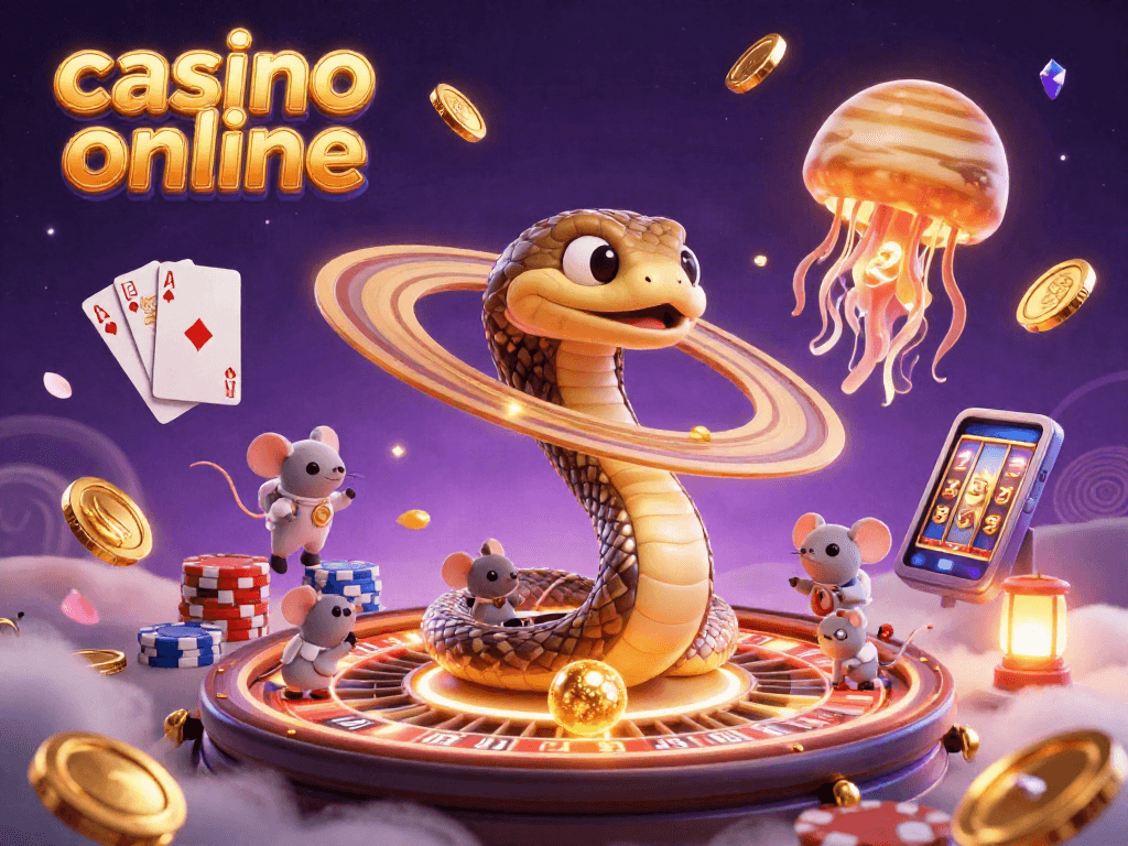 Experience the excitement of casino online with a vibrant cosmic illustration of a roulette wheel and adventurous characters.