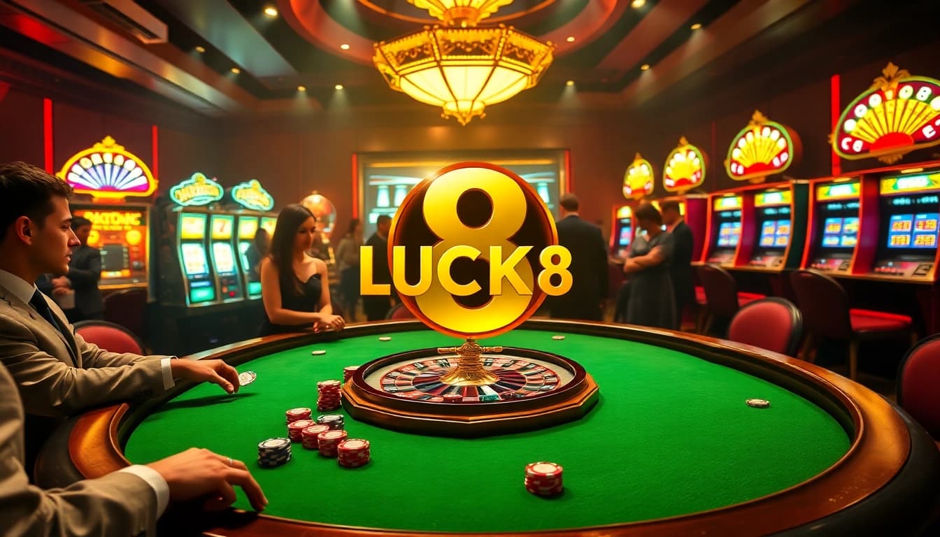 Exciting LUCK8 casino scene with poker table and roulette wheel inviting players to try their luck.