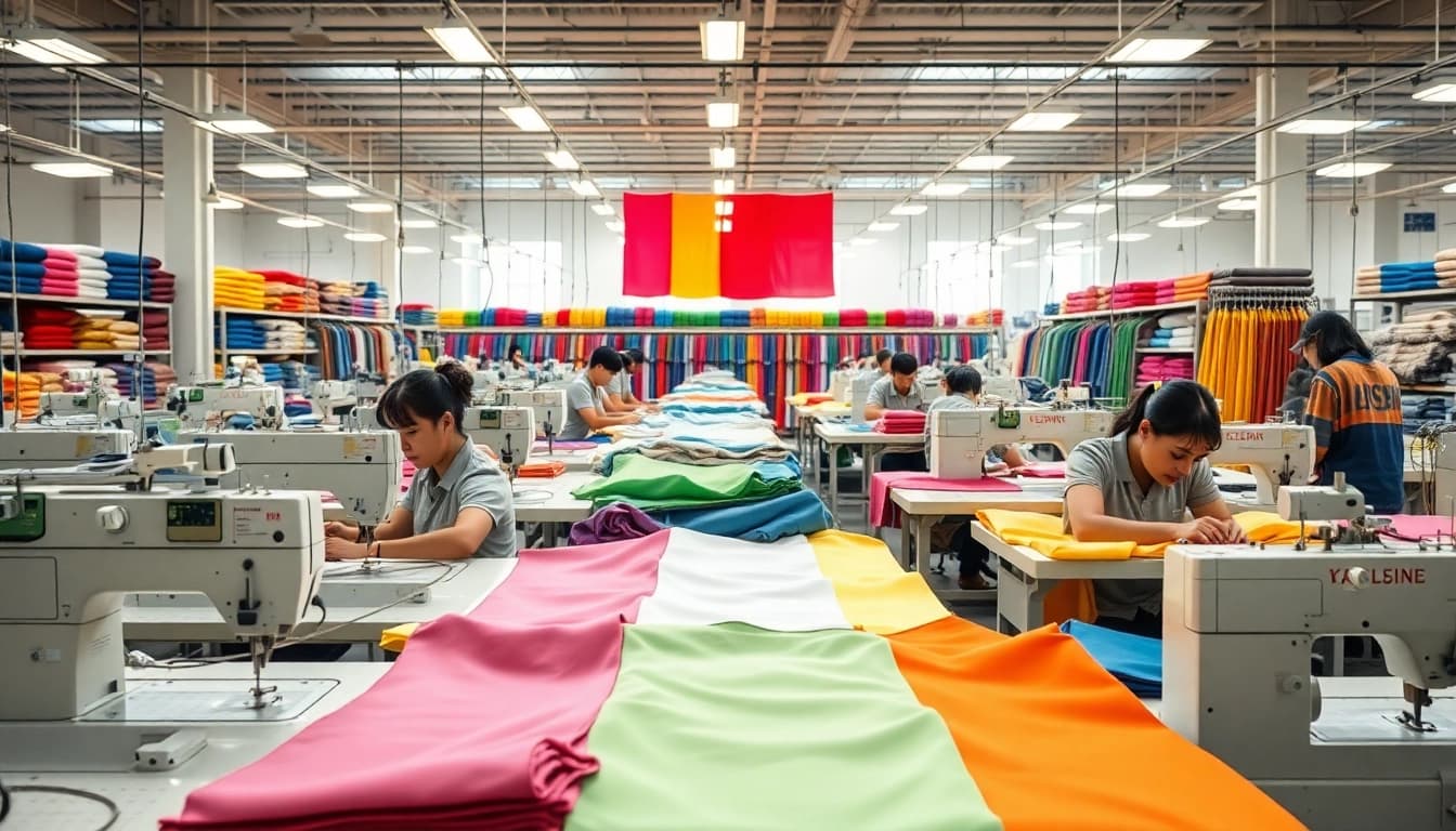 Showcasing talented OEM clothing manufacturers at work in a vibrant production facility full of textiles.