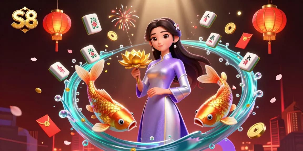 S8 features an elegant Asian woman in a modern ao dai with golden lotus and koi fish for a vibrant casino scene.