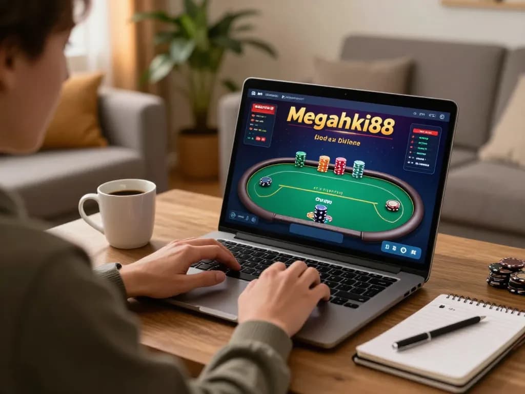 Engaging gaming session on megahoki88 with player analyzing poker strategies at home.