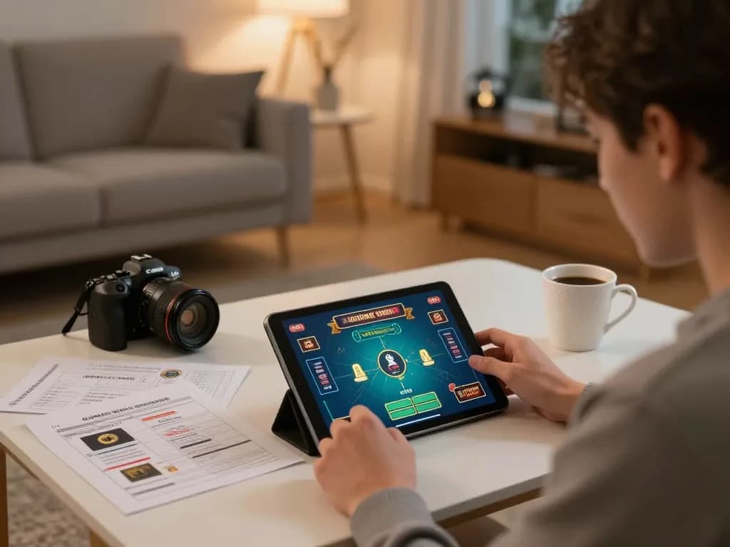 Engaging in online gambling at home using PP9WIN app on tablet, showcasing player and strategy.