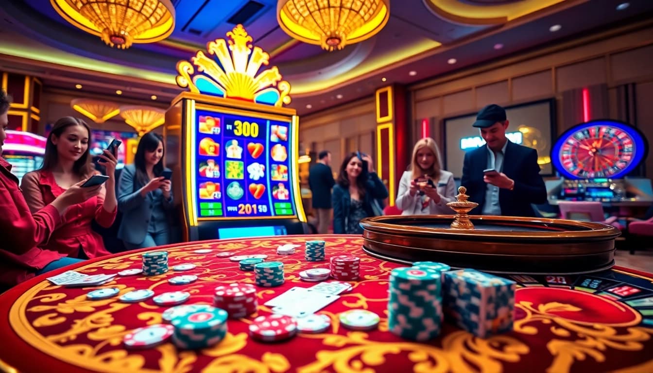 Nổ hũ online gameplay with players enjoying colorful slot machines and poker chips.