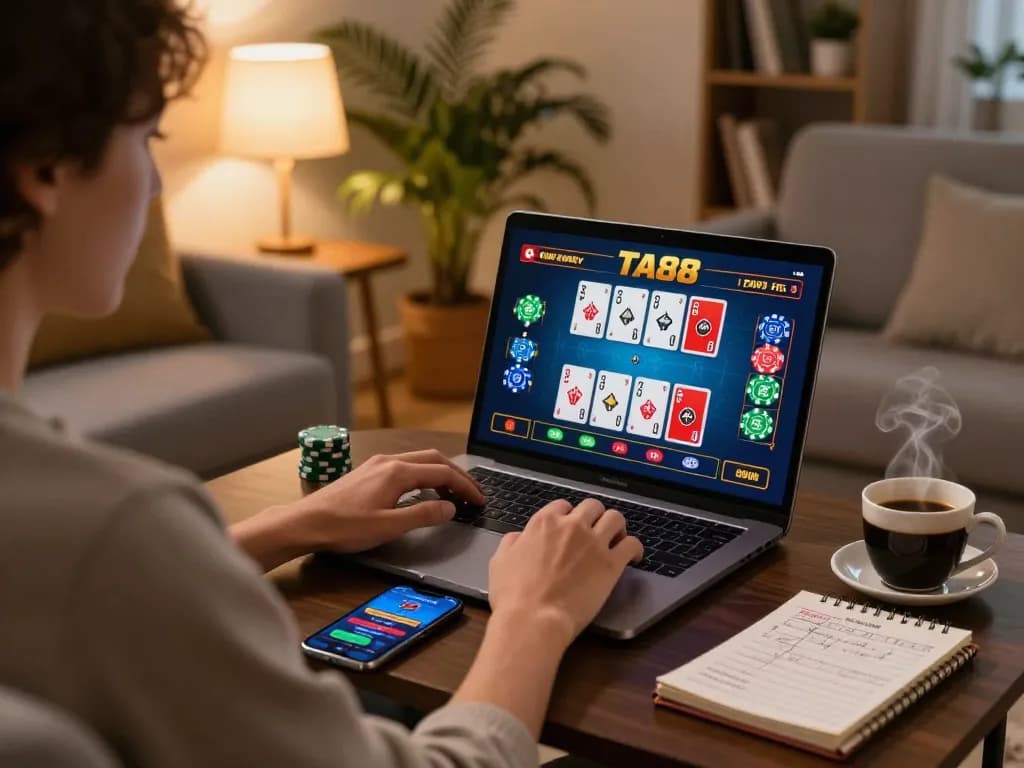 Engaging TA88 online poker gameplay scene, featuring a player on a laptop with strategy notes.