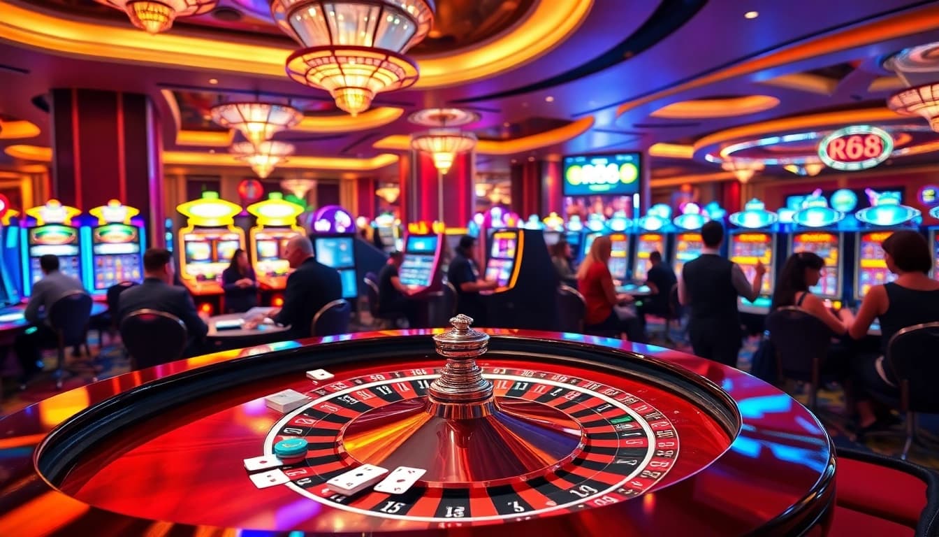 Players enjoying thrilling games at RR88 casino with roulette, cards, and vibrant lights.