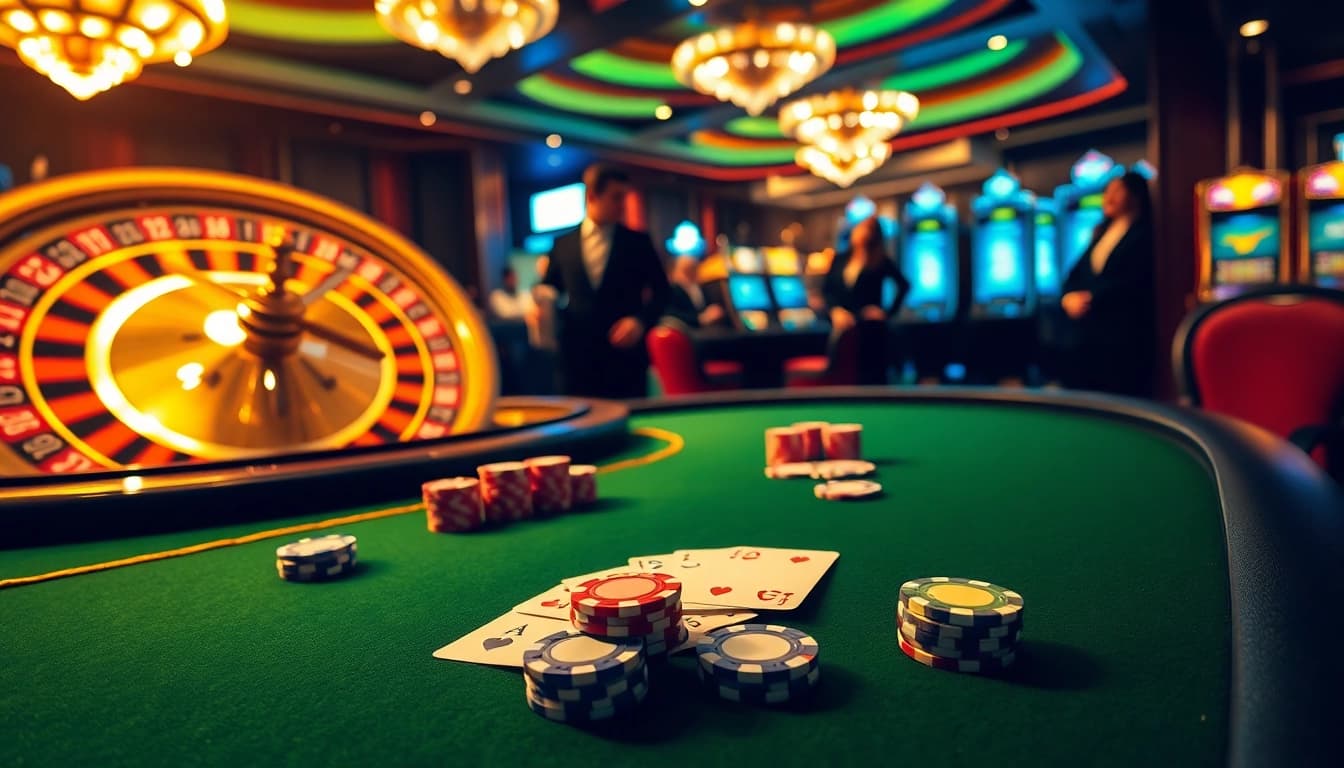 Players enjoying a thrilling game of poker at an Okking-themed casino table.
