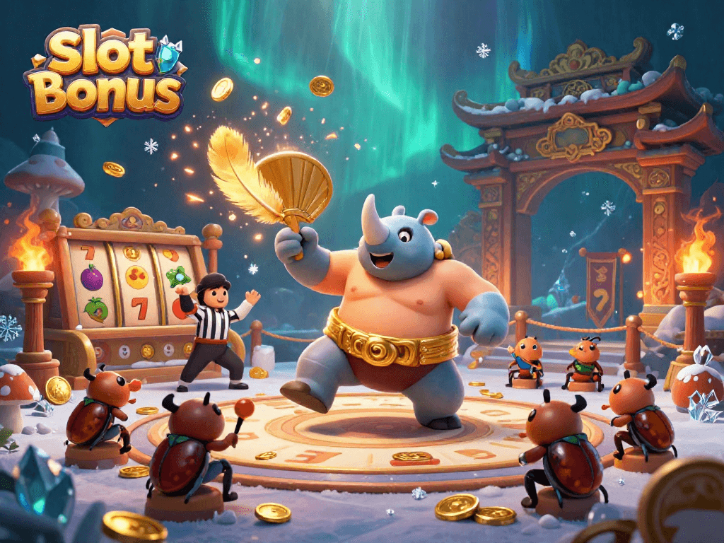 Experience the excitement of a slot bonus with a sumo champion beetle amidst gold coins and vibrant casino elements.
