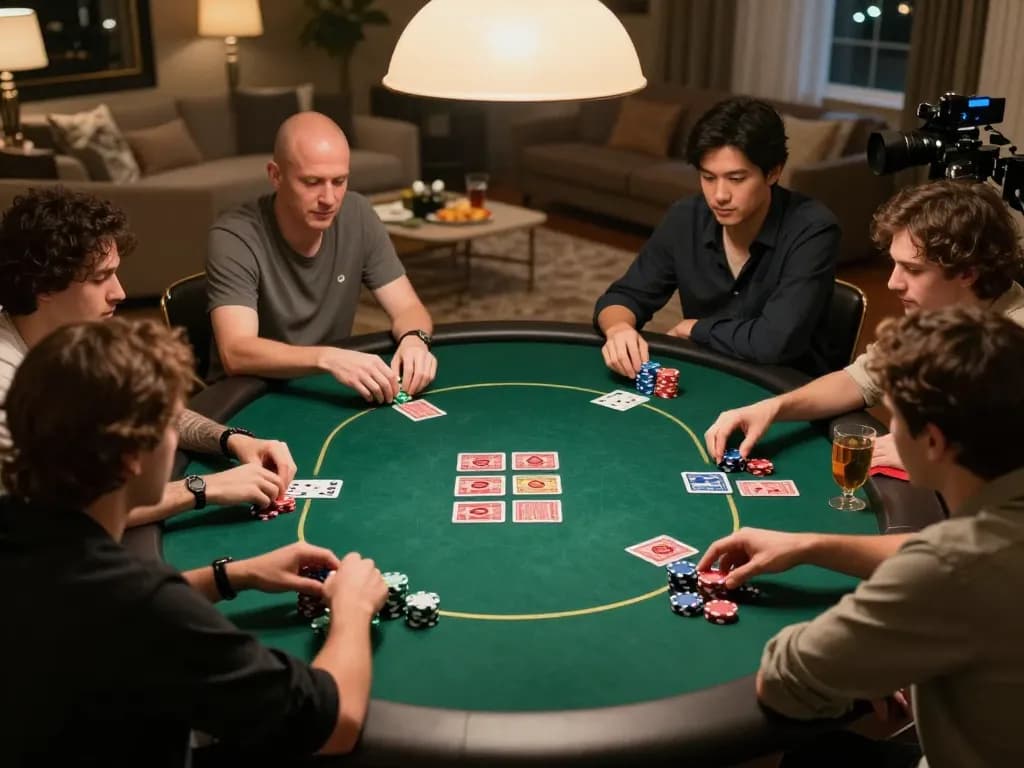 Players strategizing during an intense game at the HIT CLUB poker table, showcasing chips and cards.