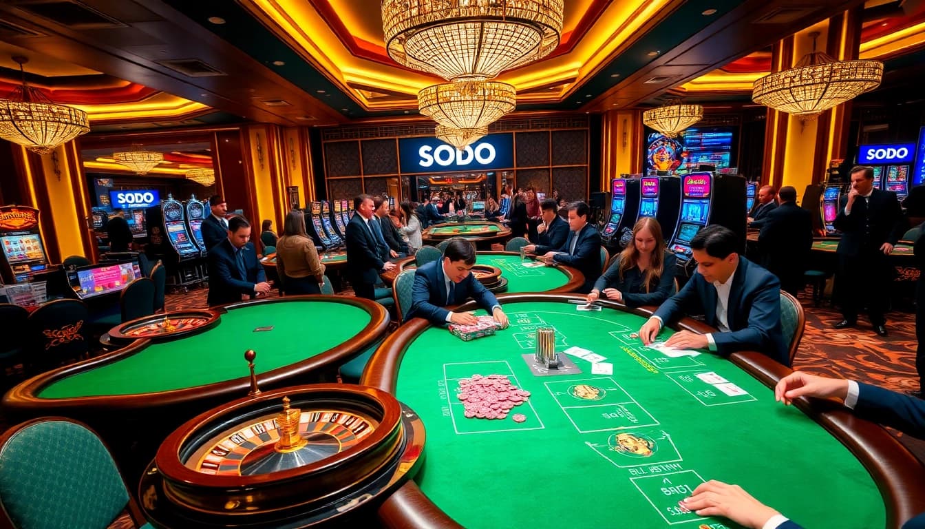 SODO casino scene with dynamic gamblers at poker tables and vibrant slot machines.