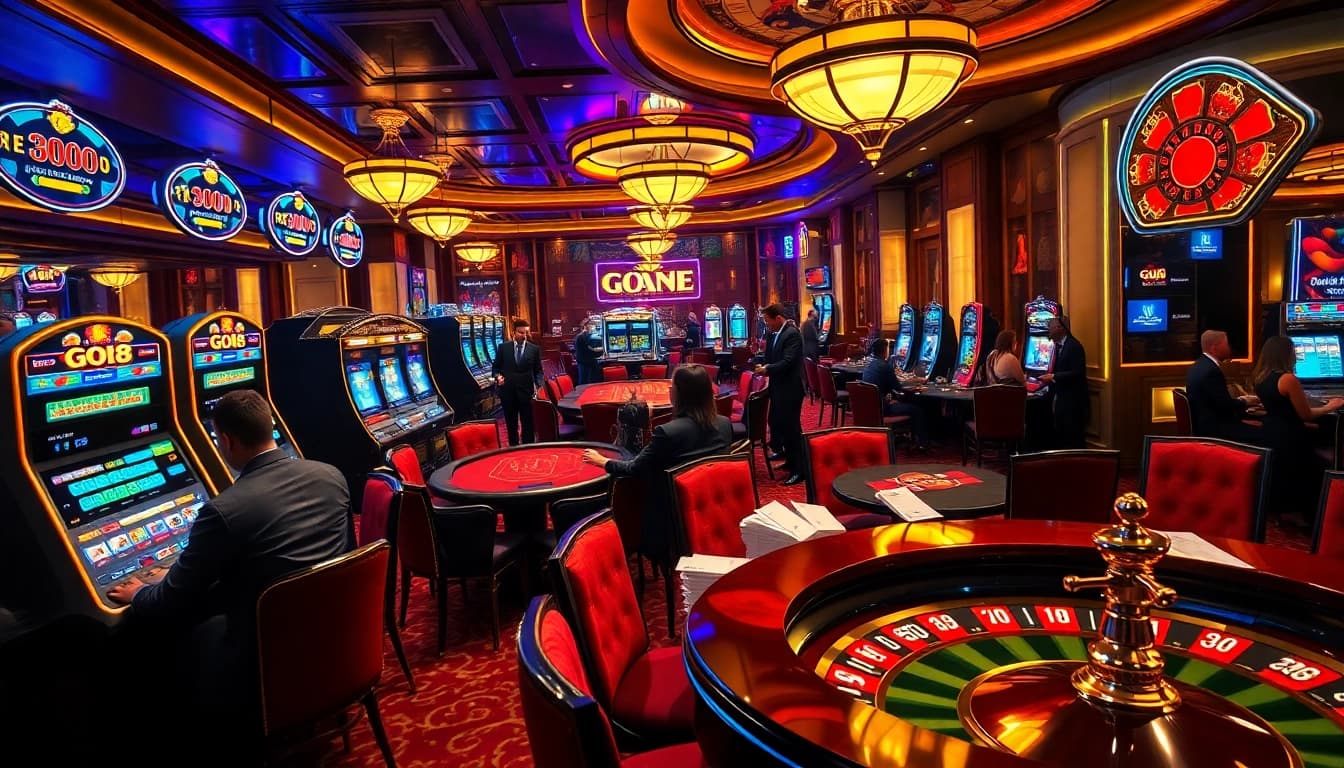 Players strategizing at GO8 casino tables with vibrant poker chips and cards.
