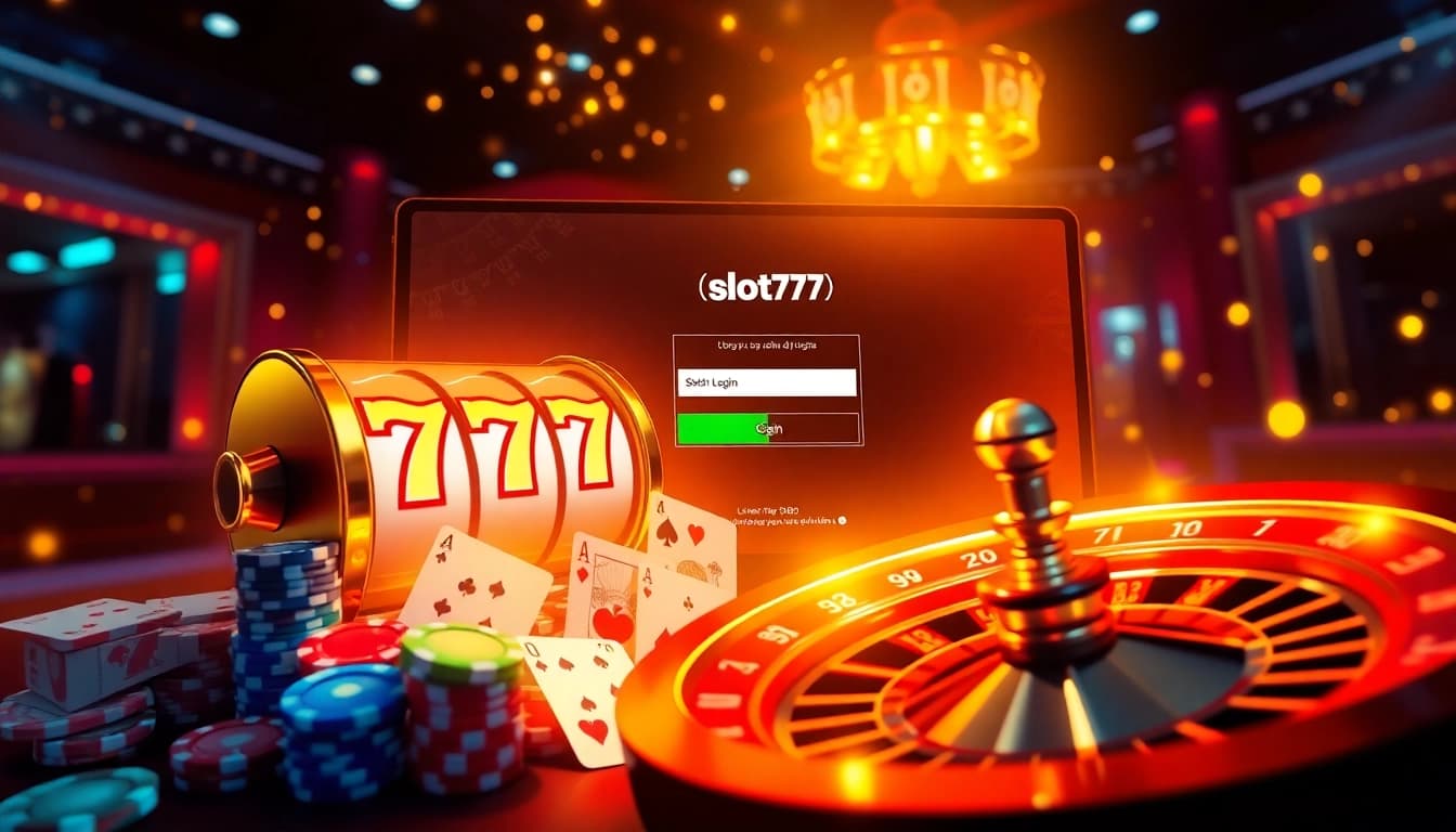 Experience the thrilling slot777 login with a colorful display of chips, cards, and exciting casino ambiance.