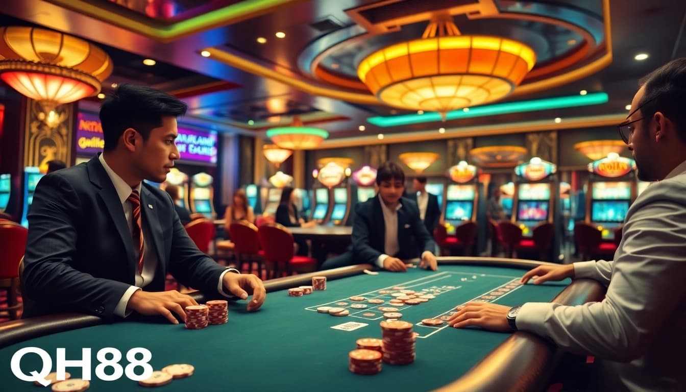 Experience the excitement of gambling at QH88 with professional poker players and vibrant casino ambiance.