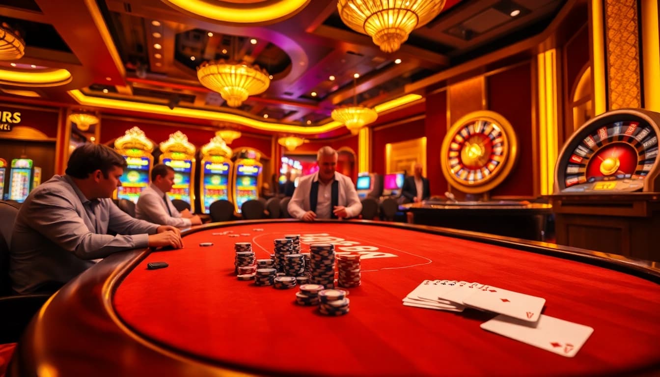Experience thrilling games at Bomwin with vibrant casino visuals showcasing poker action.