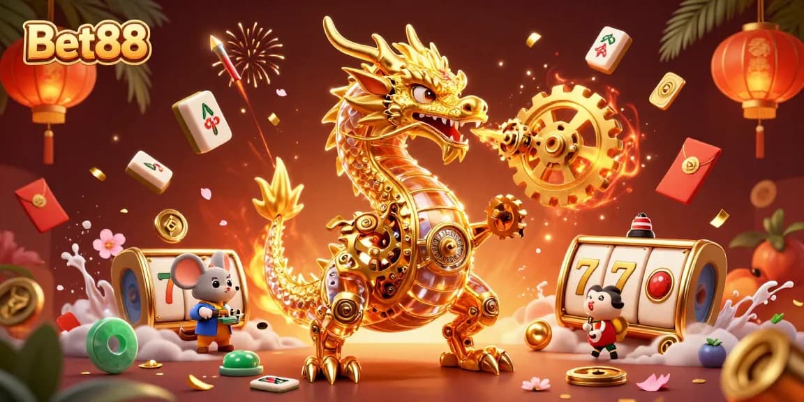 Experience thrilling gameplay at Bet88 with a vibrant 3D casino scene featuring a dragon and gold elements.