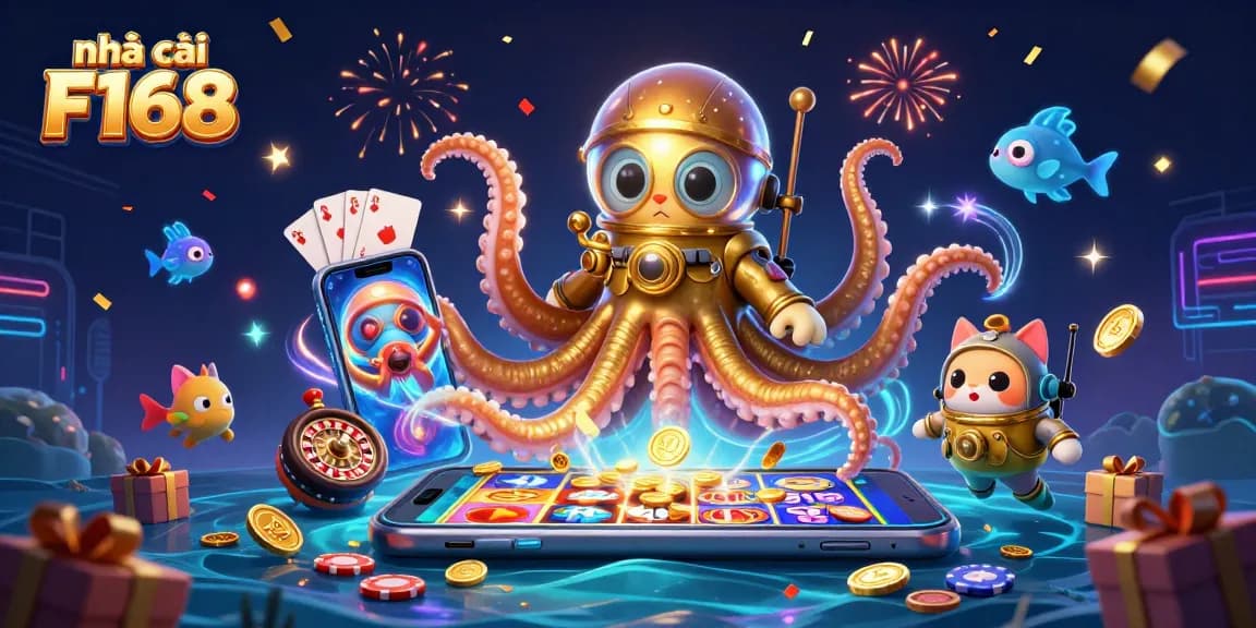 Play slots at nhà cái F168 while enjoying treasures amidst a kraken and bright sea creatures.