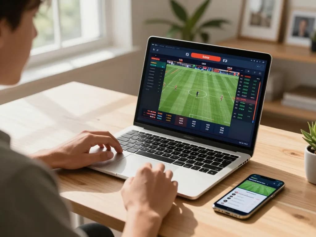 Toto8 link alternatif active betting scene showcasing an individual engaging in sports wagers on their laptop, surrounded by a cozy home setup.