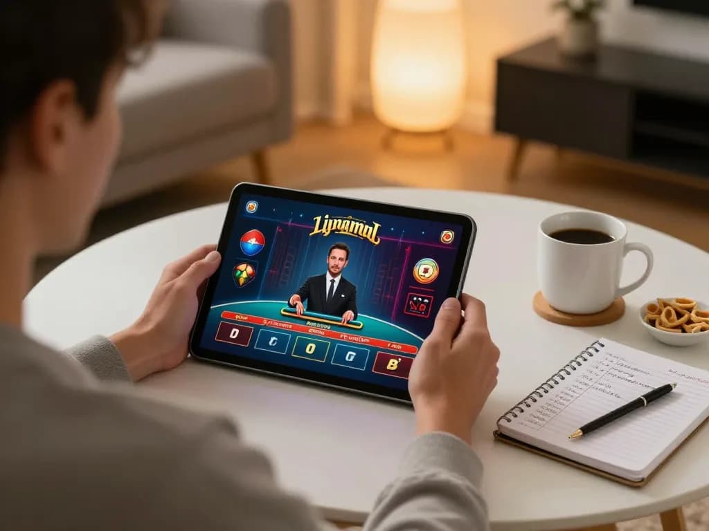 Engaging in live casino games on vu88 via tablet, showcasing dynamic gameplay and strategic notes