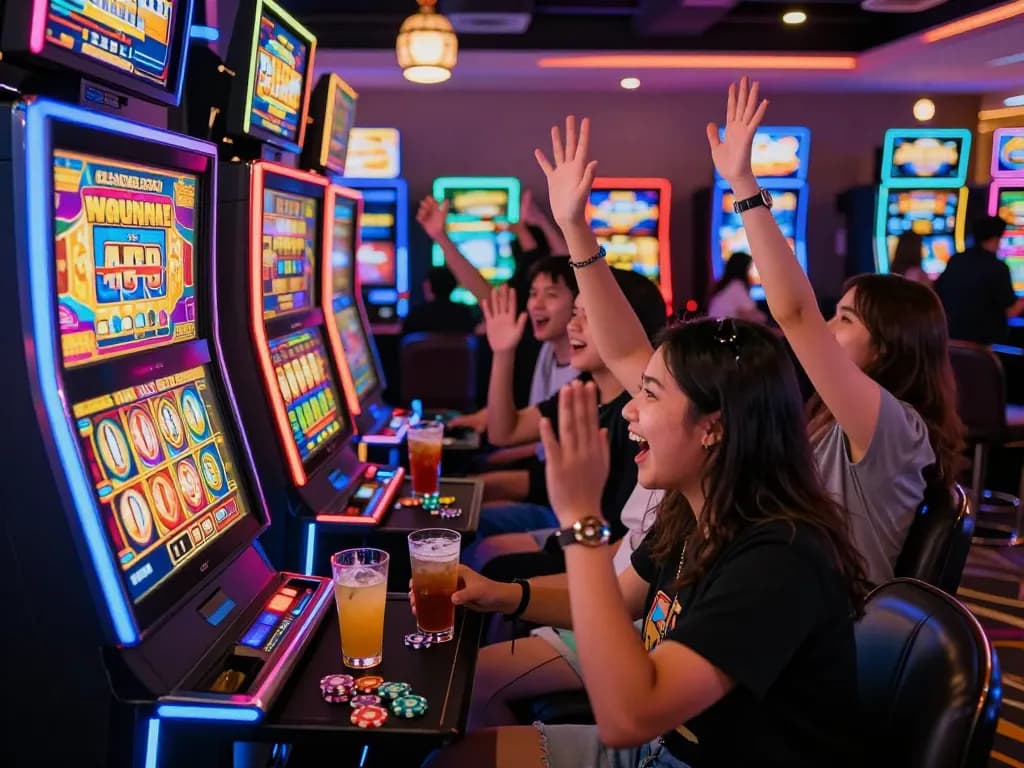 Group celebrating a big win at slot gacor hari ini in a vibrant casino setting with colorful lights.