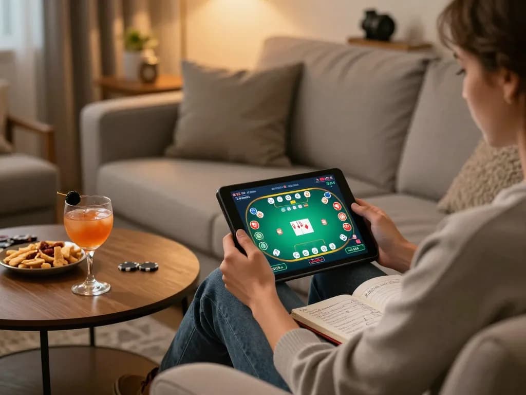 Engaging in online gambling on LLWIN, showcasing strategic play at home with poker game on a tablet.