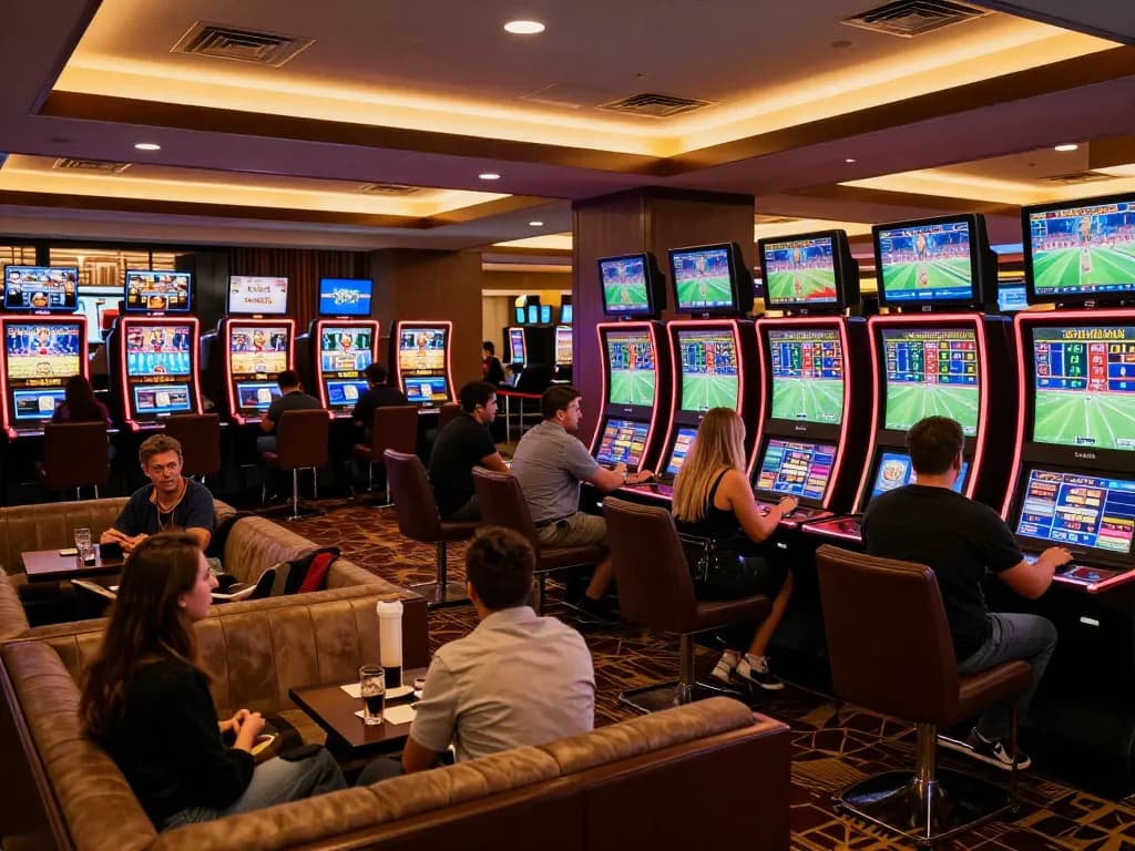 Engaged sports bettors researching odds at the DA88 lounge, vibrant screens displaying live matches