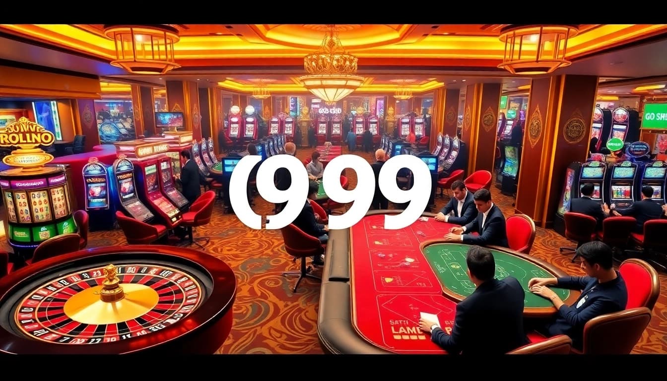 Experience the excitement of Go 99 with players engaging in high-stakes poker and vibrant slot machines.
