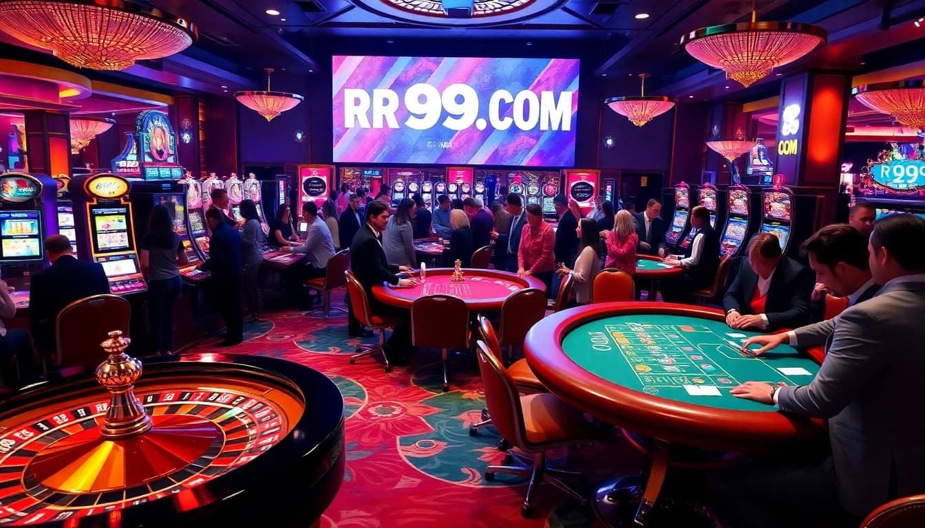 Experience the thrill of gambling at RR99 COM with an exciting casino scene featuring poker, roulette, and vibrant players.
