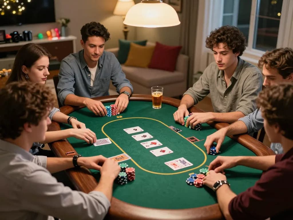 Friends enjoy an intense home poker game while strategizing their next moves in a lively atmosphere, rwin moments of excitement.
