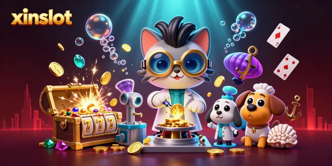 XINSLOT offers exciting gameplay with animated characters and dynamic casino visual elements including slot reels.