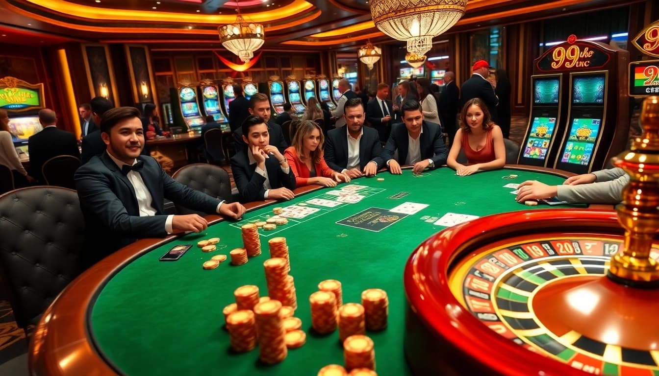 Players enjoying a thrilling gaming experience at a luxurious casino featuring 99 ok themed elements.