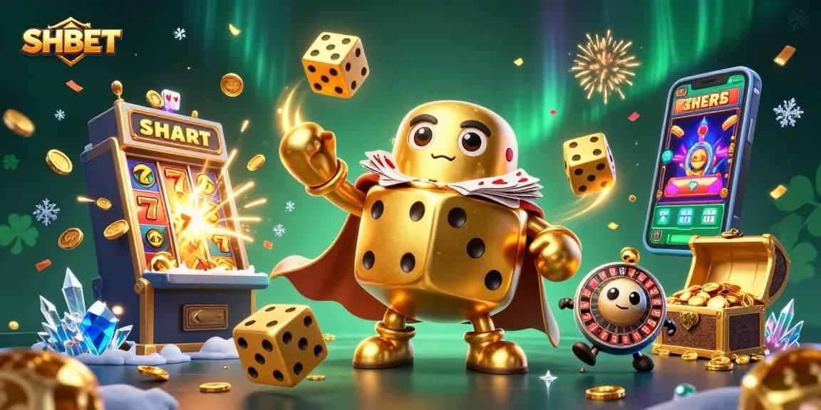 Win big with SHBET at an exciting casino, featuring vibrant golden dice, jackpots, and a colorful game lobby.