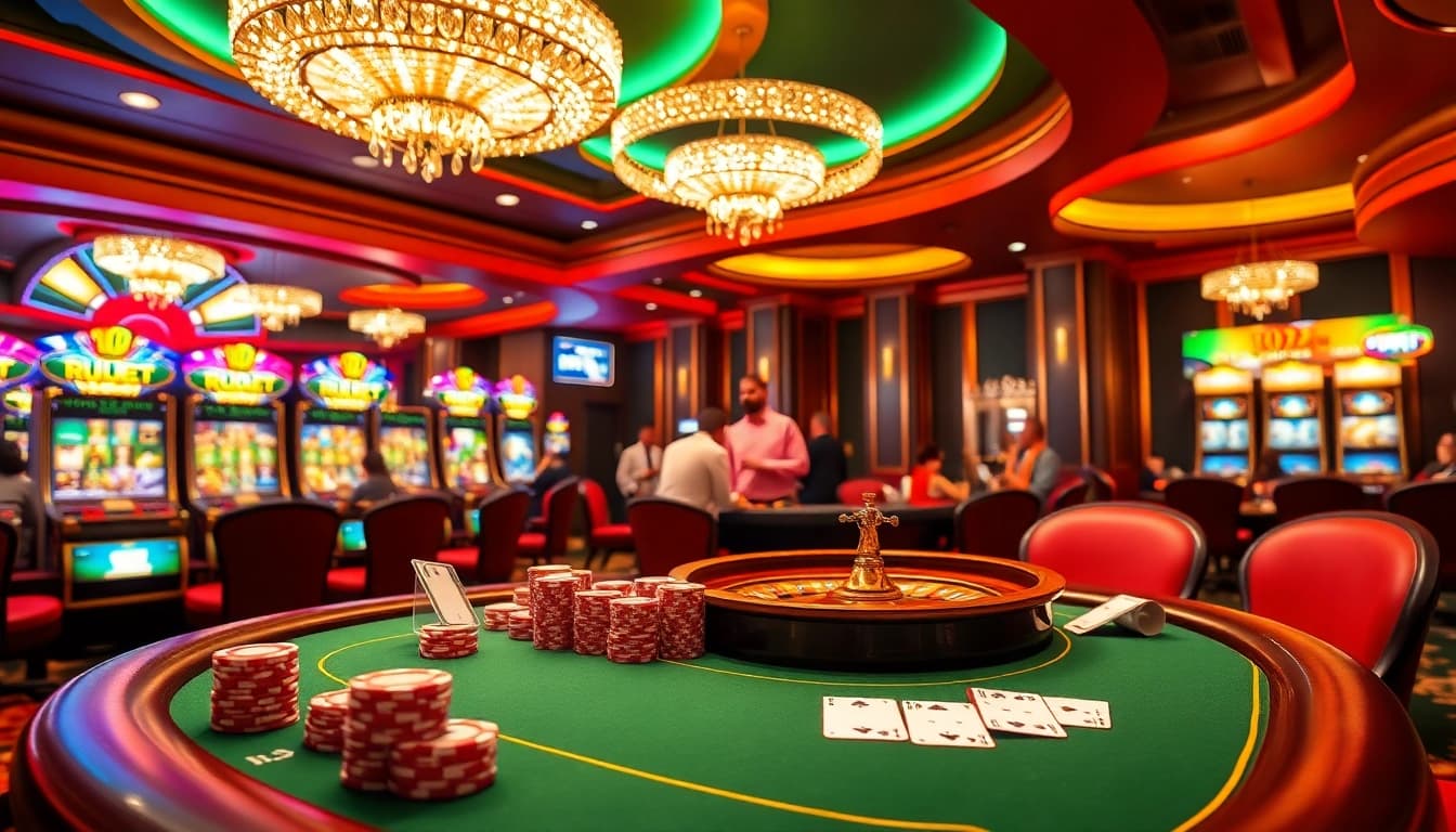 Experience the thrill of HDBET at a luxurious casino poker table with vibrant games.