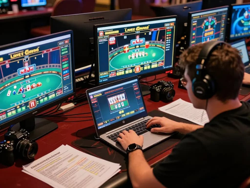 gg88 online gaming setup with multiple screens showcasing poker games and strategic notes