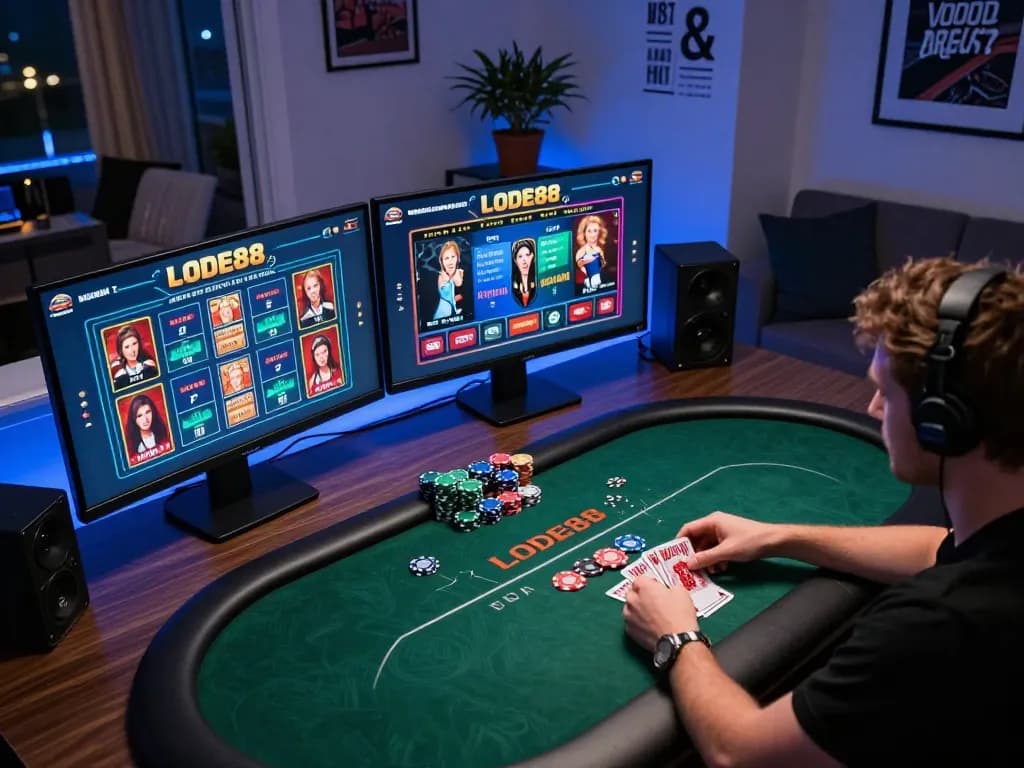 Engaged player immersed in LODE88's online poker game, showcasing an inviting and modern gaming setup
