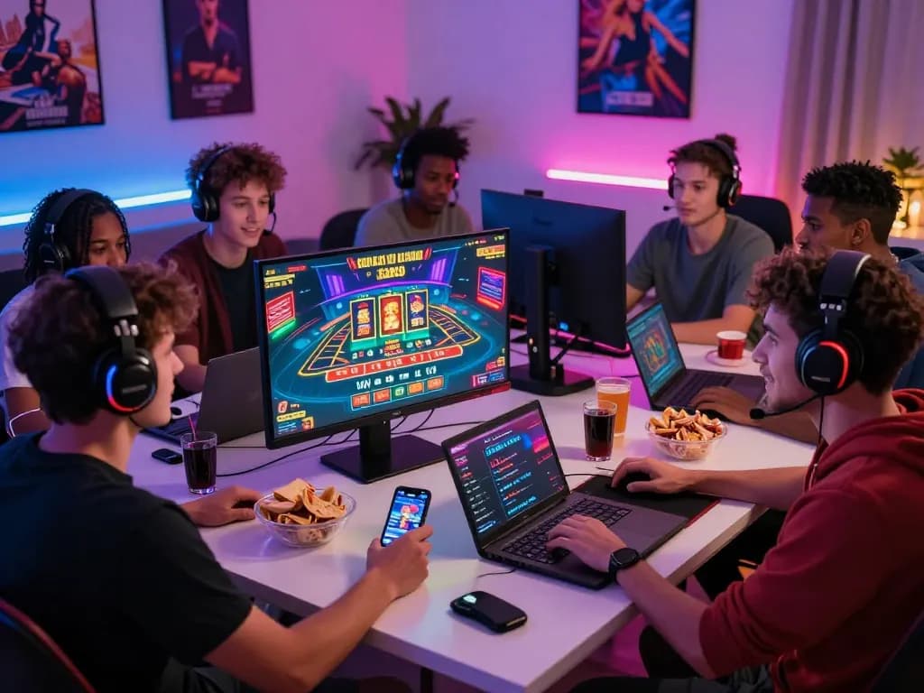 Friends enjoying a thrilling online gaming experience with Sun Win platform in a vibrant living room.