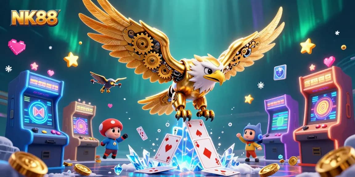 Engage with thrilling gaming experiences at NK88 while a cybernetic eagle dives amidst vibrant casino elements.