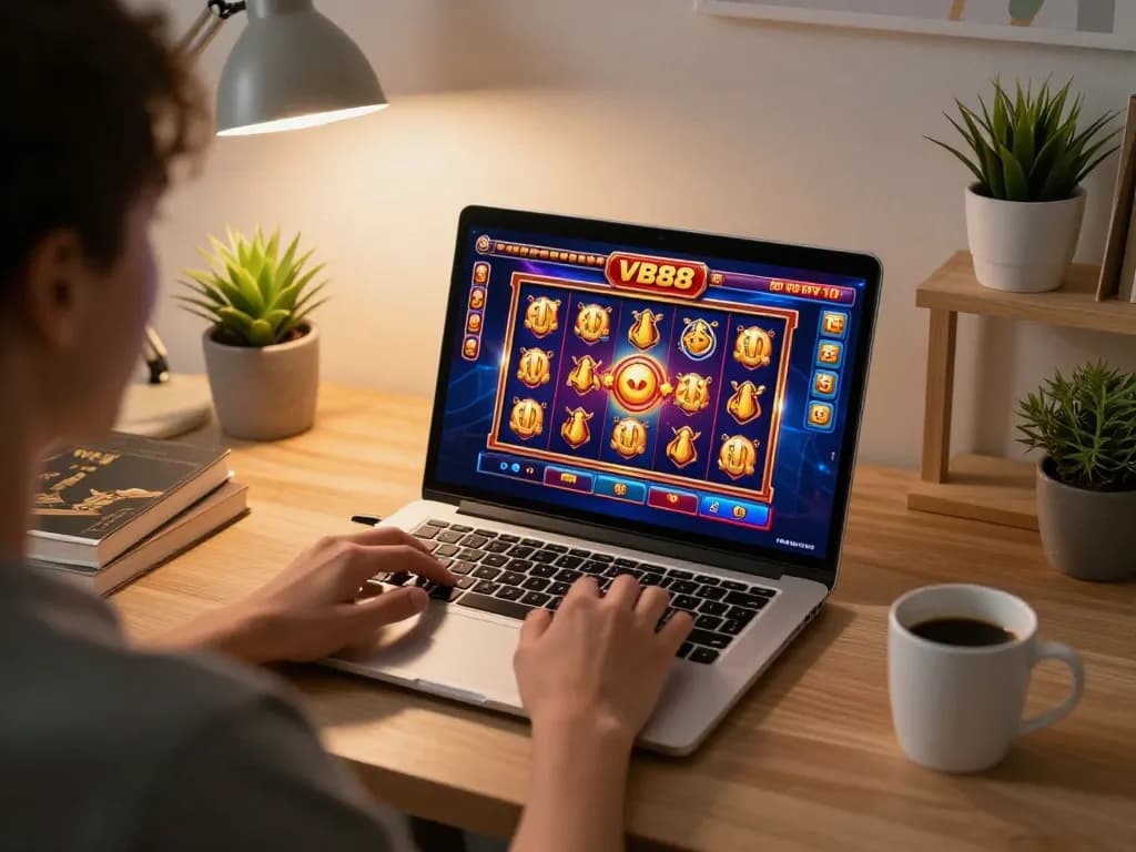Engaging gameplay of VB88 slot machines on a laptop in a cozy home office setting, highlighting responsible gaming.